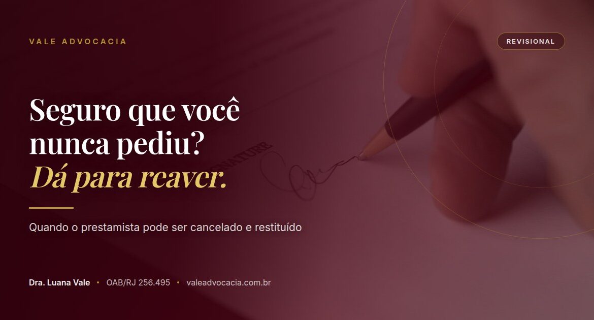 Mão assinando um documento com caneta, sob a frase 'Seguro que você nunca pediu? Dá para reaver.'